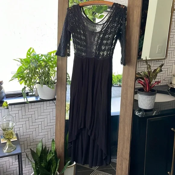 Free People Black Lace Sheer Hi-lo Dress Sz 2 - Picture 1 of 8